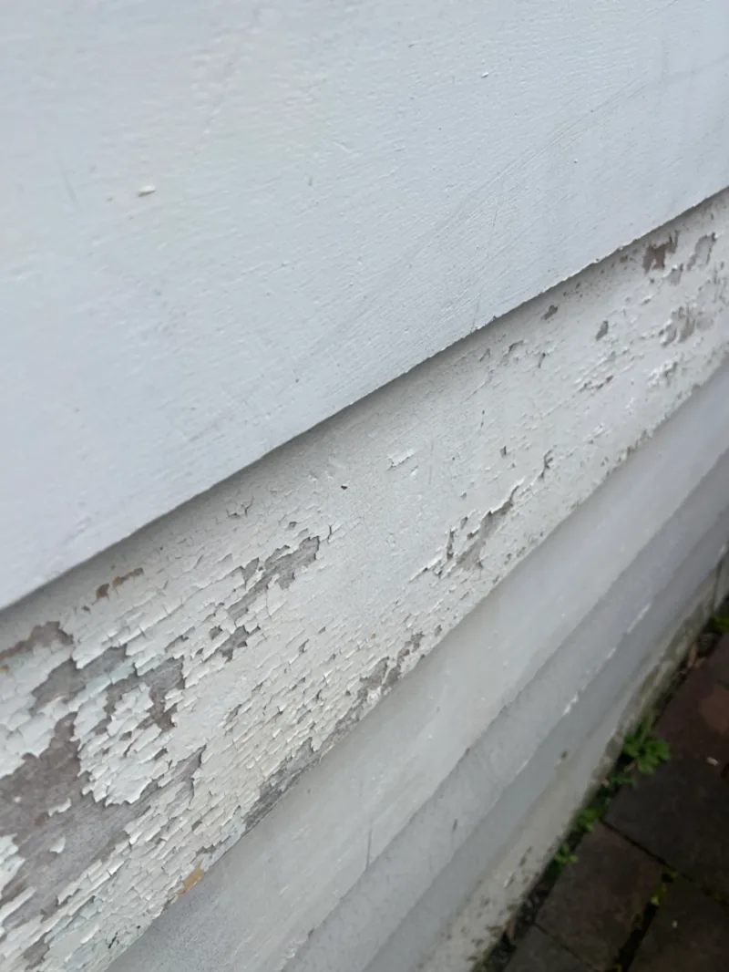 Deteriorated exterior painted joinery with localised coating failure