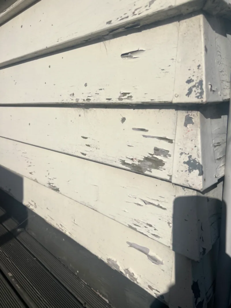 Close-up of heavily peeling and flaking white exterior paint