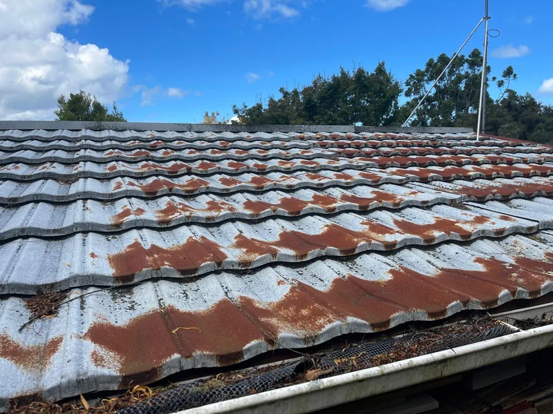 Corrugated metal roof with widespread visible surface corrosion